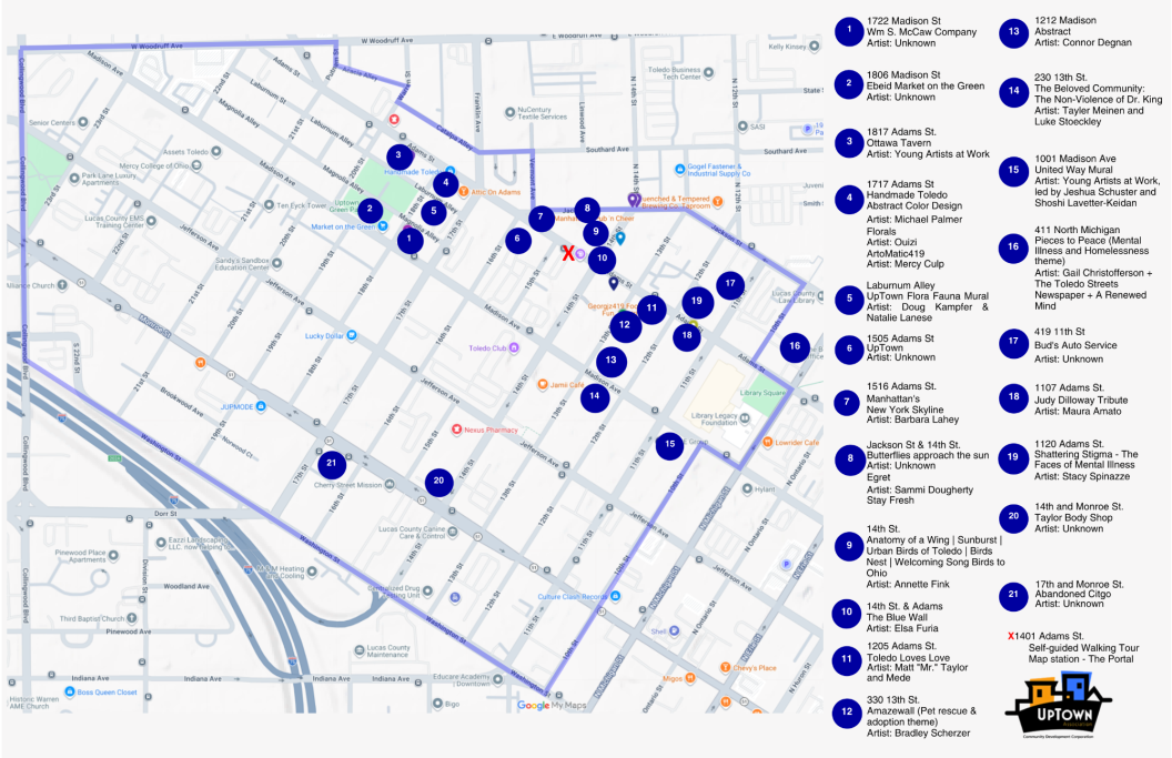 map of UpTown Toledo with 21 pins at walking Mural tour stops & 1 Map pickup location