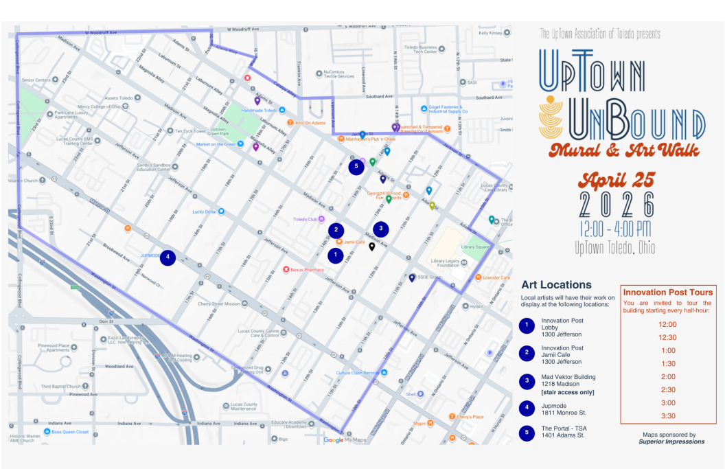 map of UpTown Toledo with 5 pins at walking Art tour stops